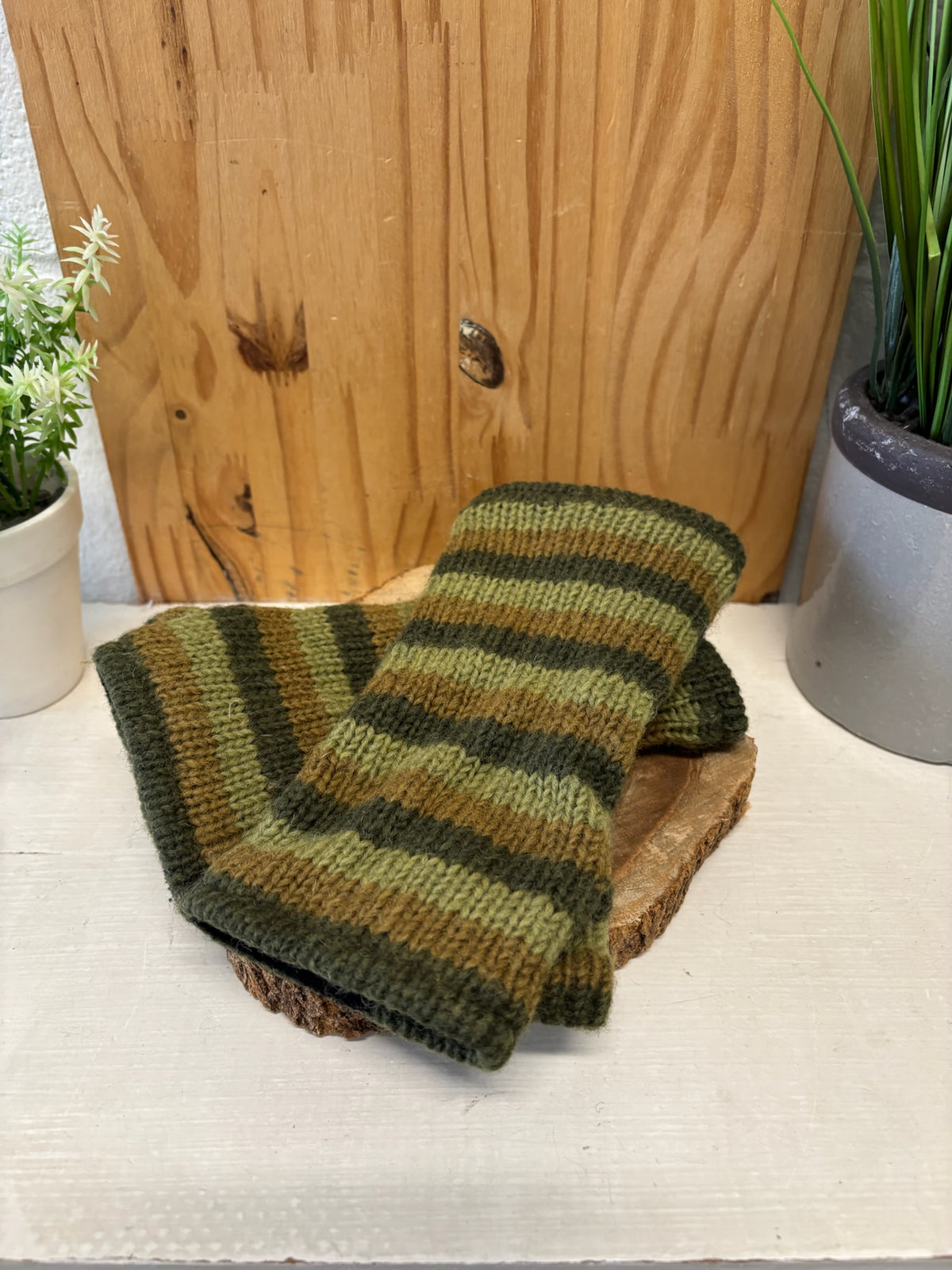 Striped Green Fingerless Wool Gloves