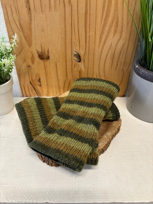 Striped Green Fingerless Wool Gloves