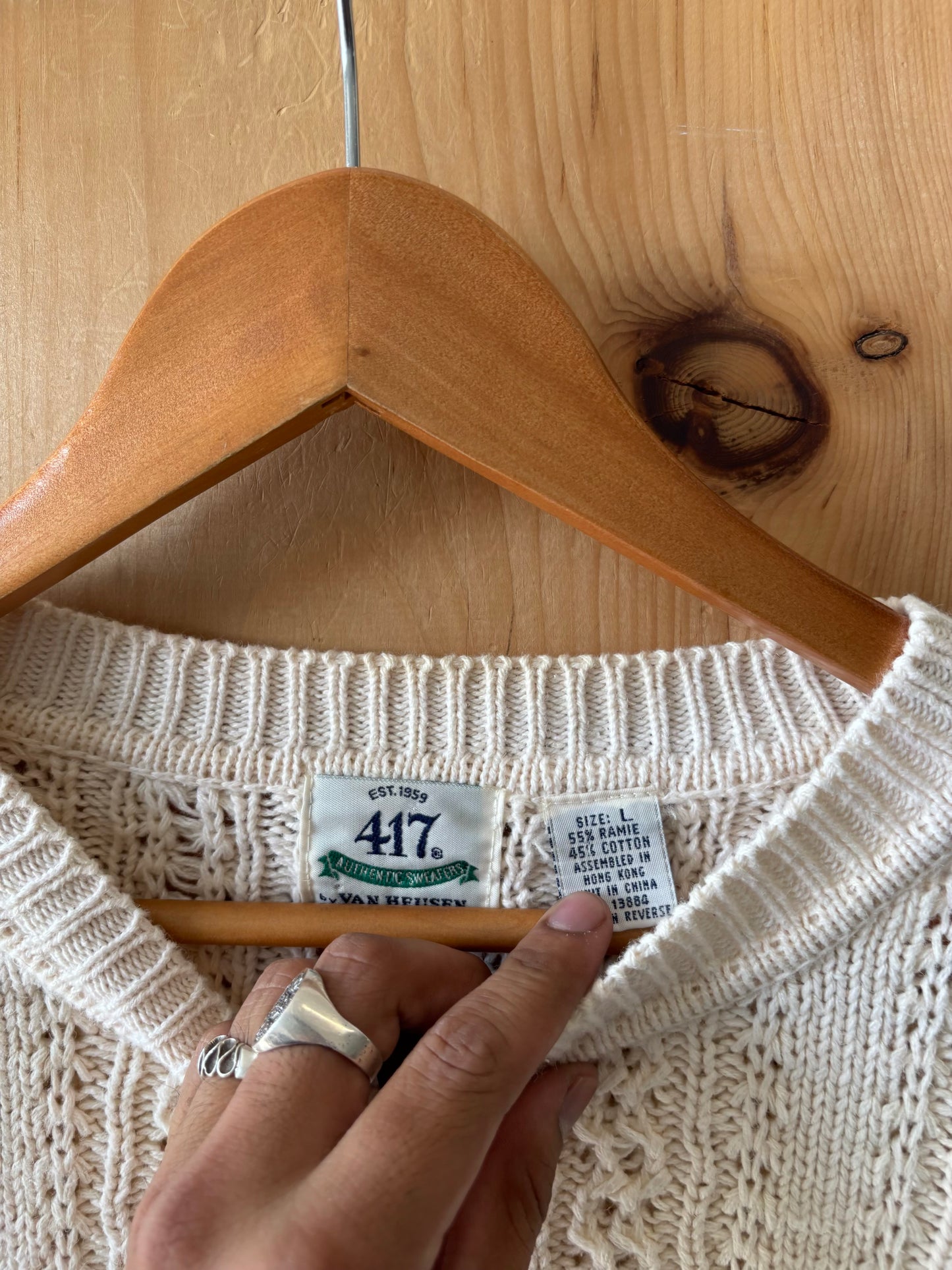 Vtg 417 White Cable Knit Sweater : L