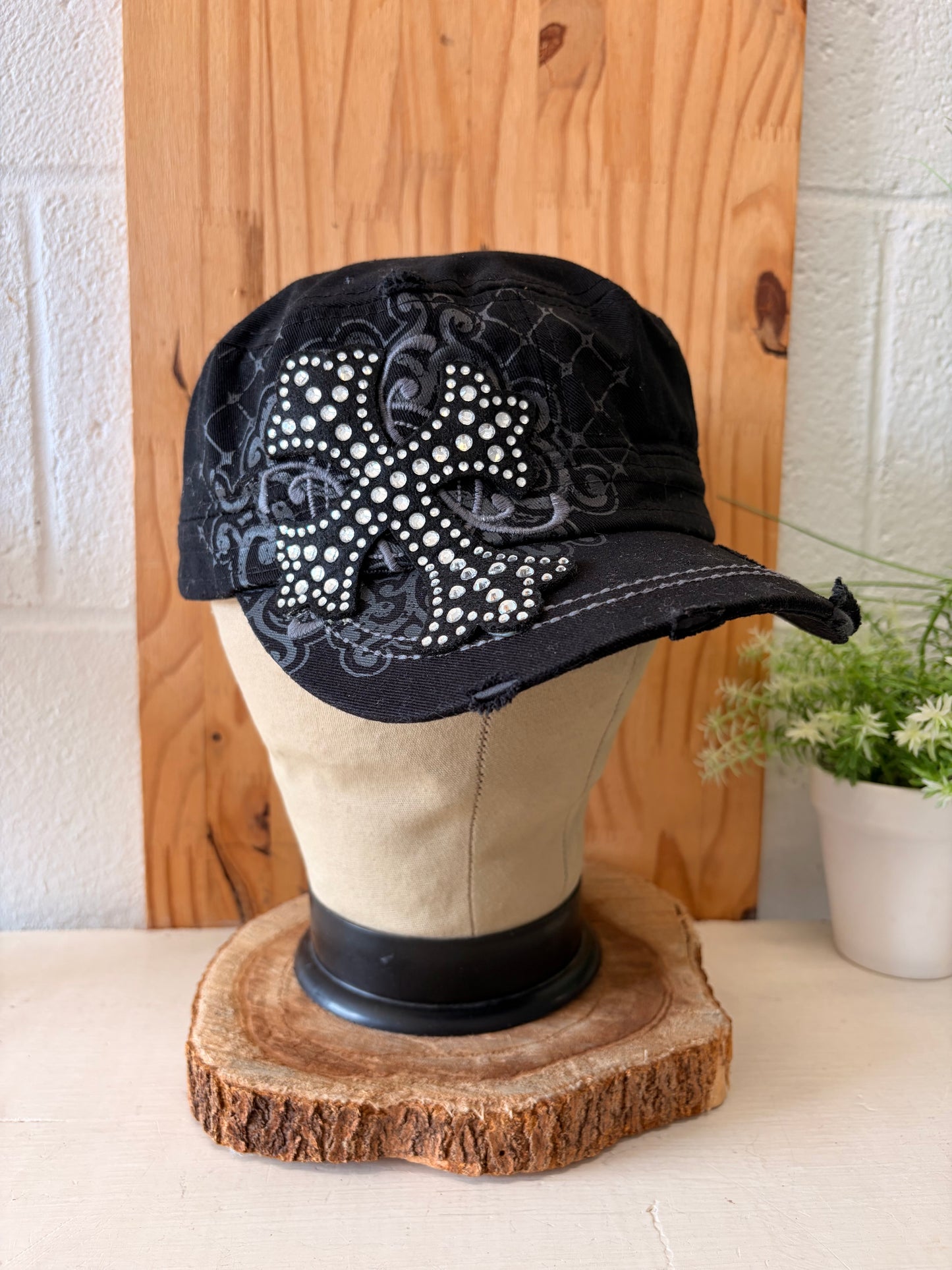 Y2K Distressed Black & Silver Cross Cap