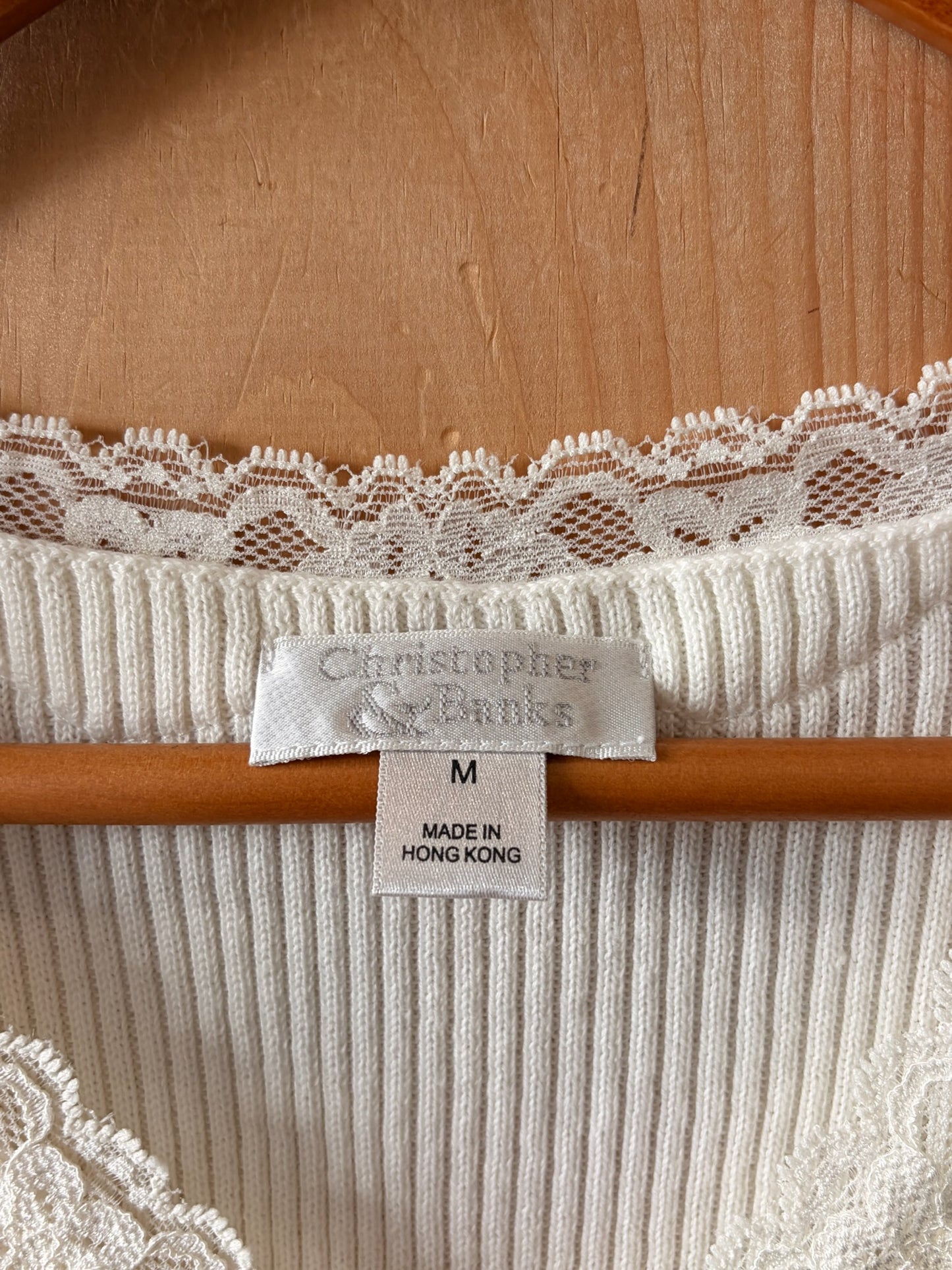 White Ribbed Lace Trim Tank : M