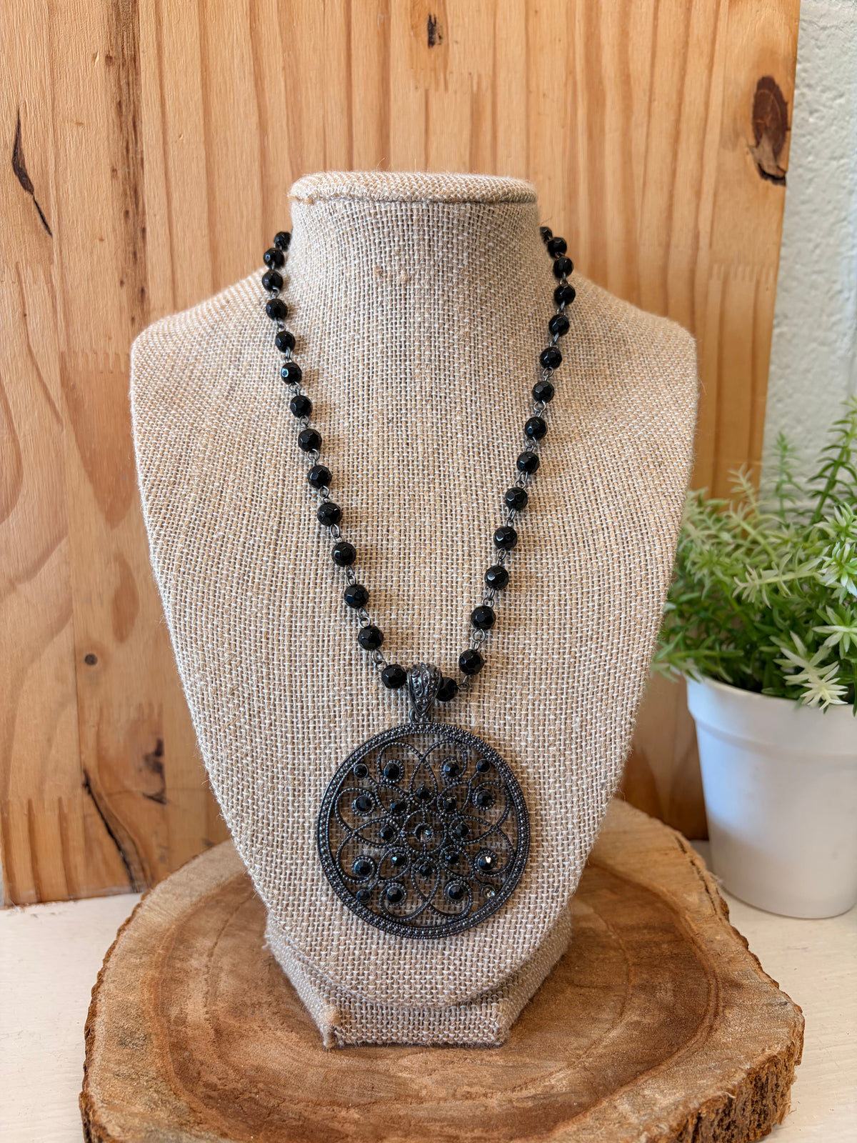 Black Beaded Boho Pendant Necklace