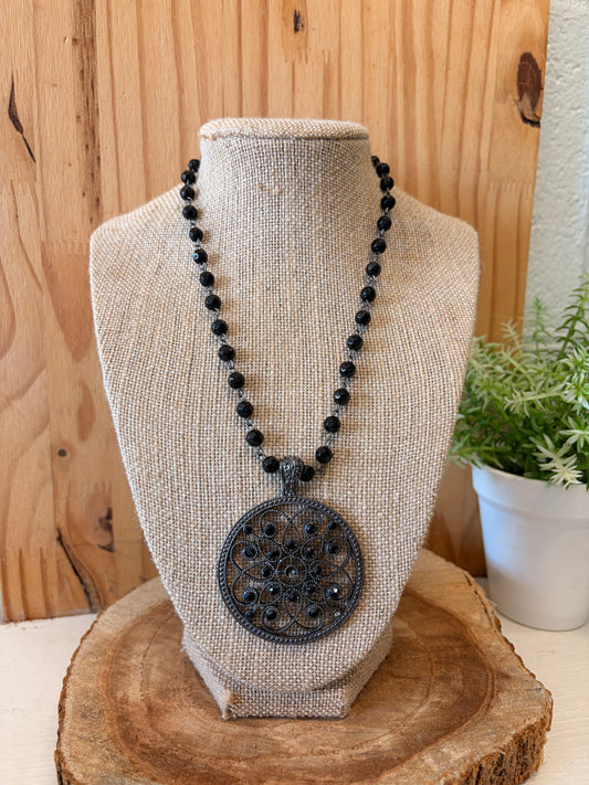 Black Beaded Boho Pendant Necklace