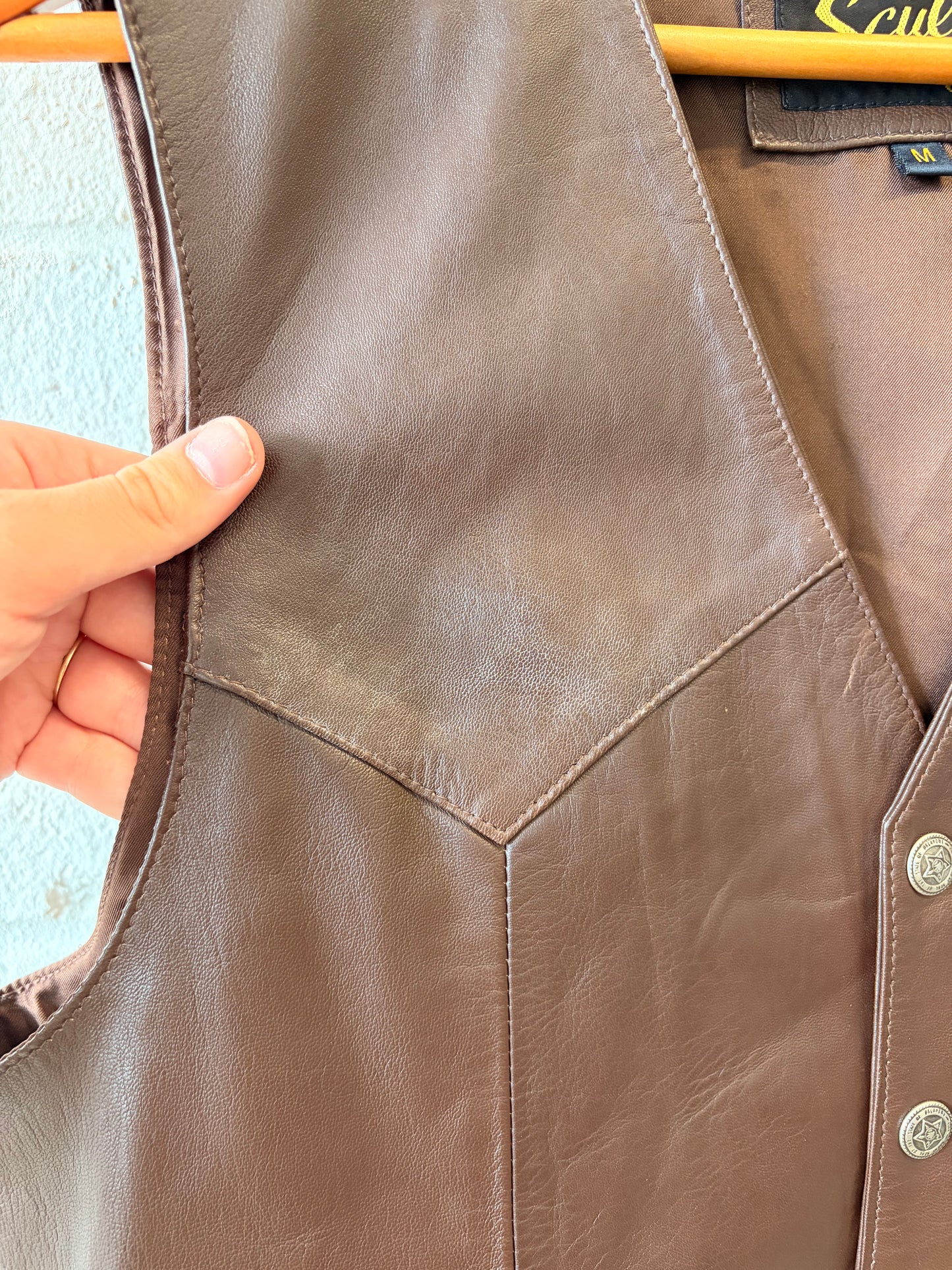 Vtg Brown Skully Leather Vest : M