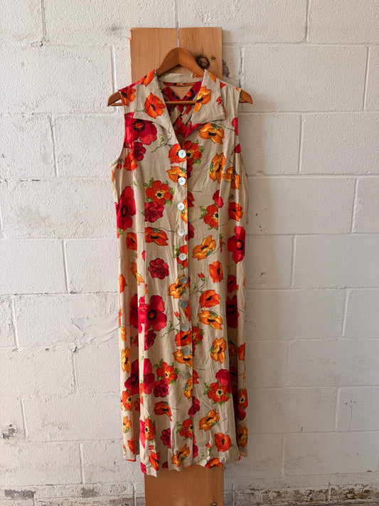 Vtg Button-Front Poppy Patterned Dress : 16