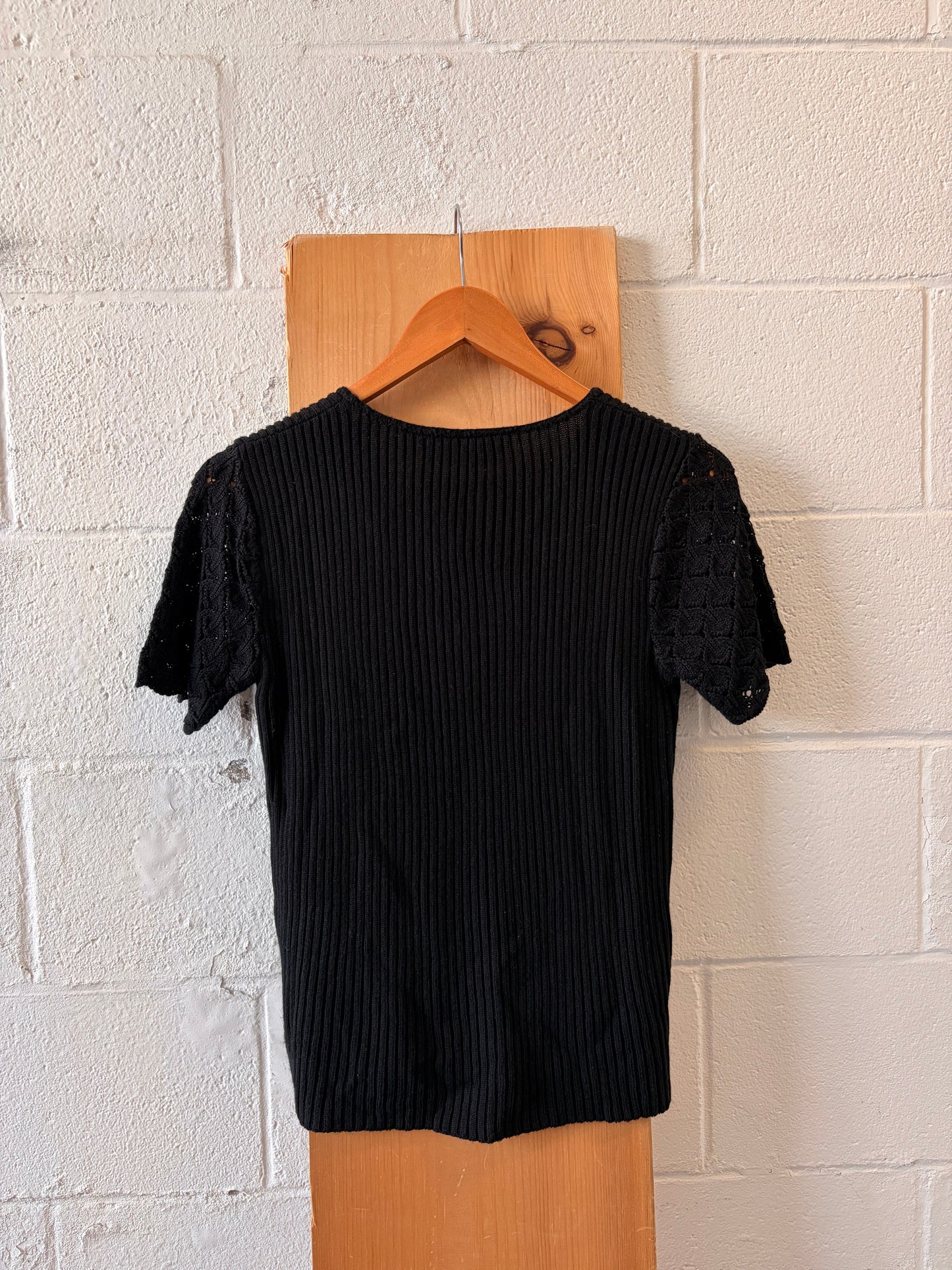 Black Knit Crochet Sleeve Top : M