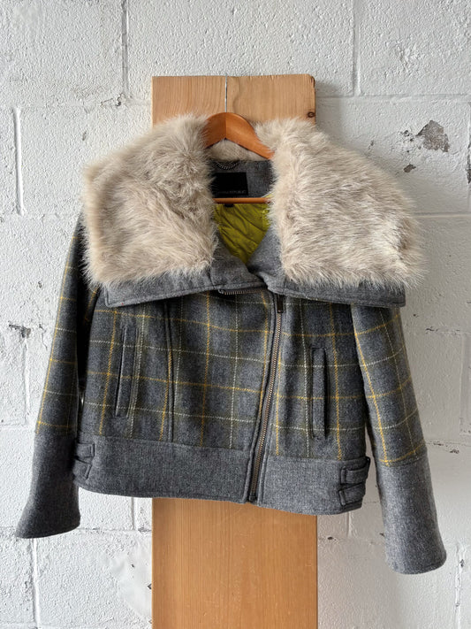 Faux Fur Plaid Moto Jacket : S