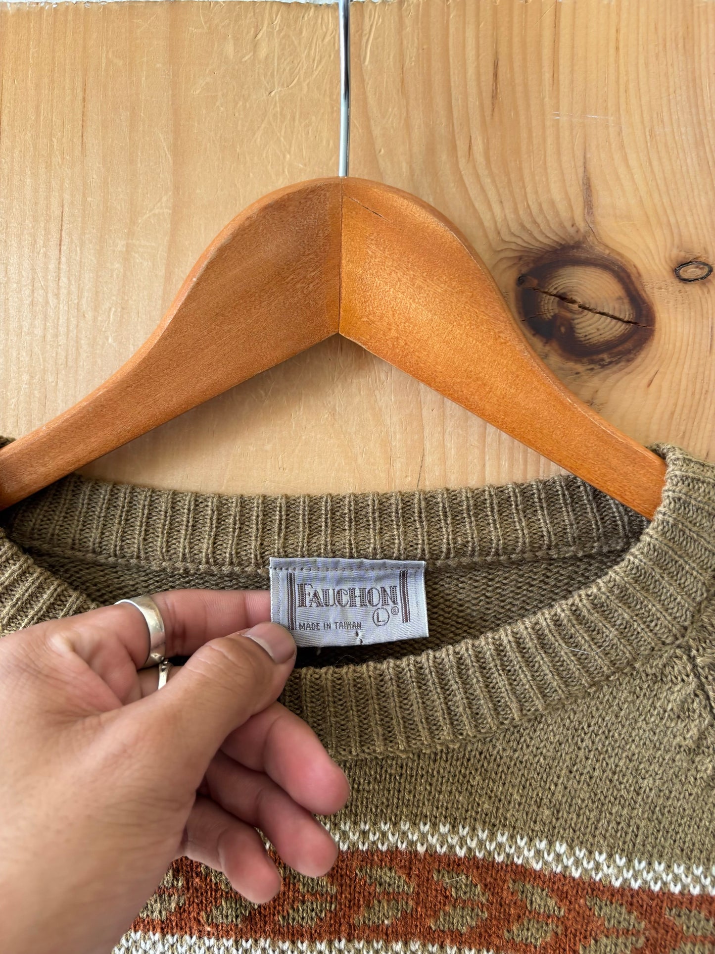 Vtg Cream & Brown Nordic Sweater : L