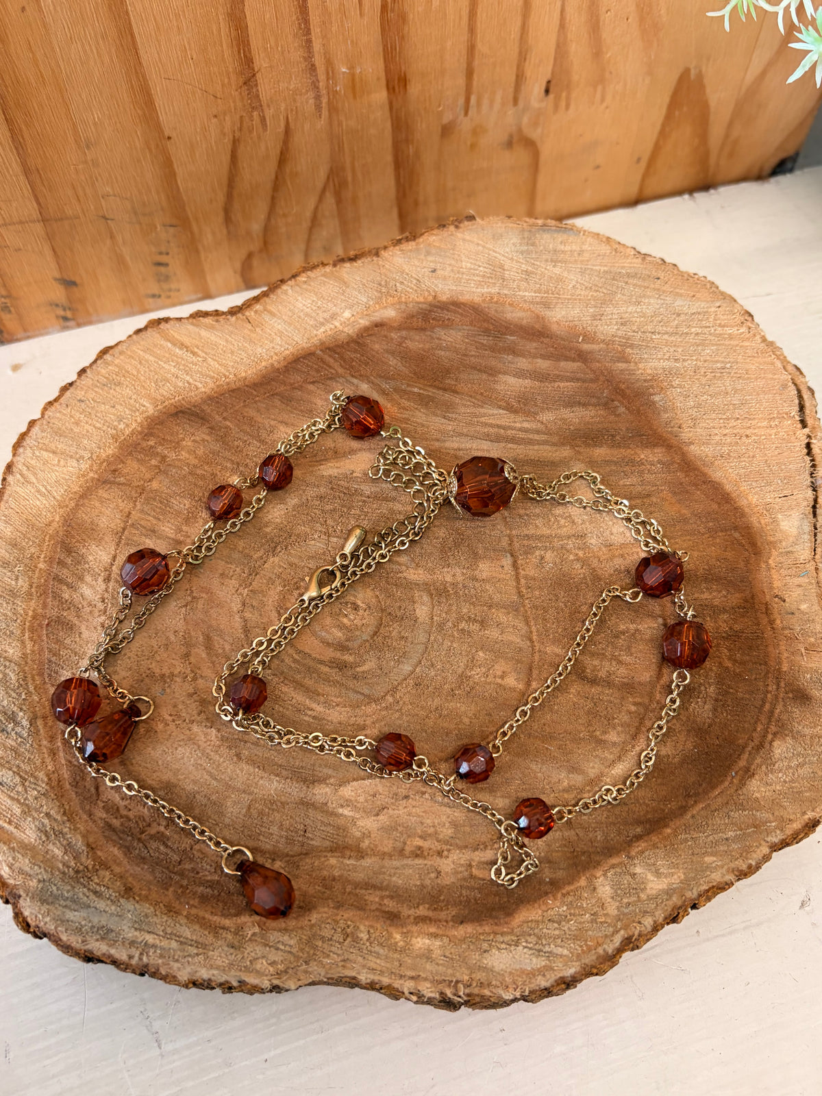 Long Amber & Gold Tone Beaded Necklace