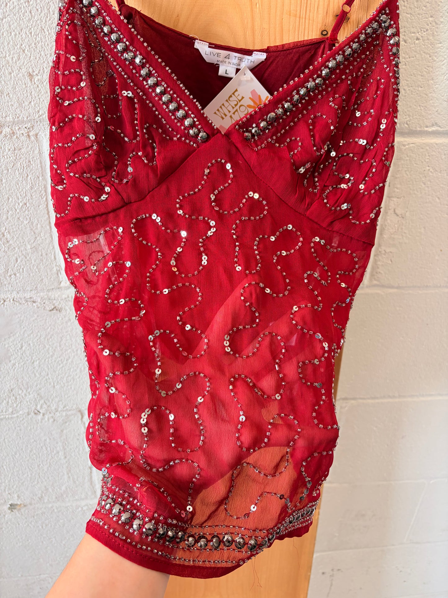 Beaded Semi-Sheer Red Tank : L