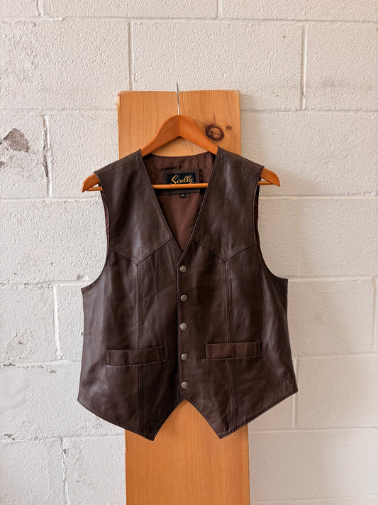 Vtg Brown Skully Leather Vest : M