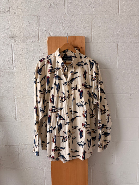 Vtg Duck Patterned Button Up : XL