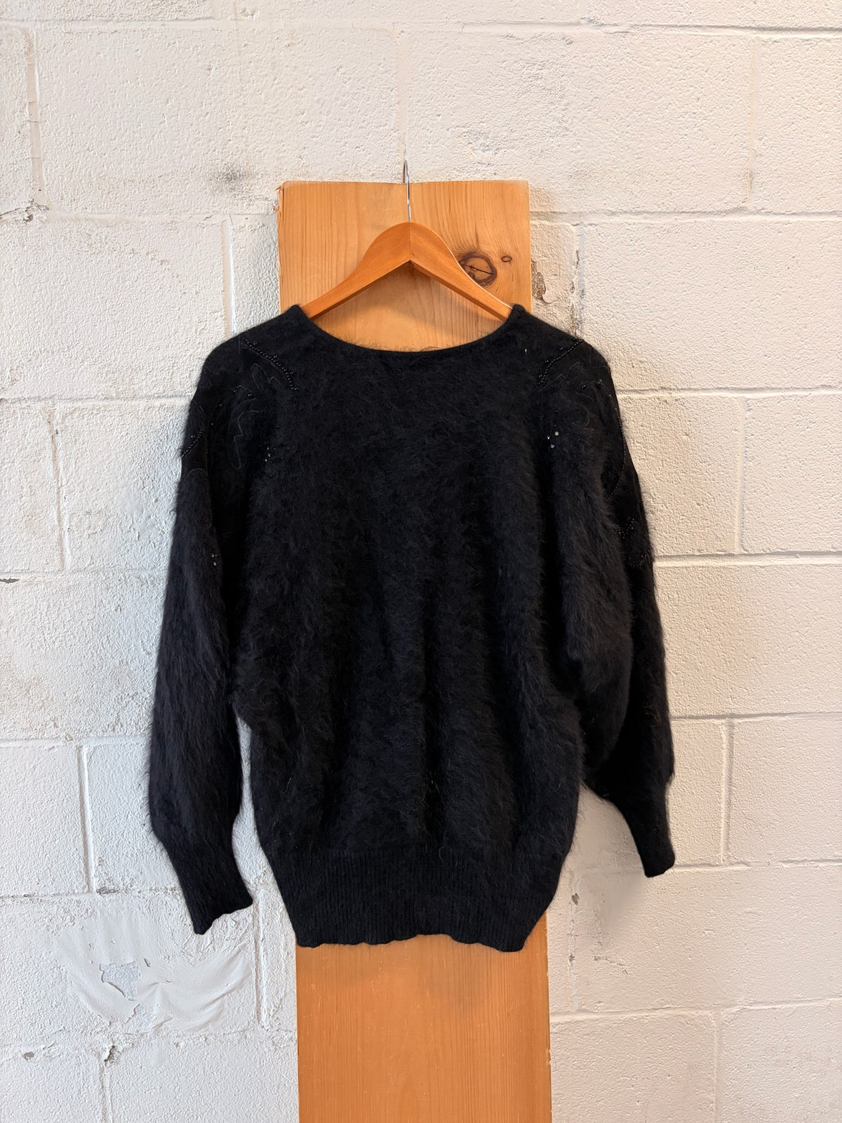 Vtg Beaded Black Angora Batwing Sweater : M