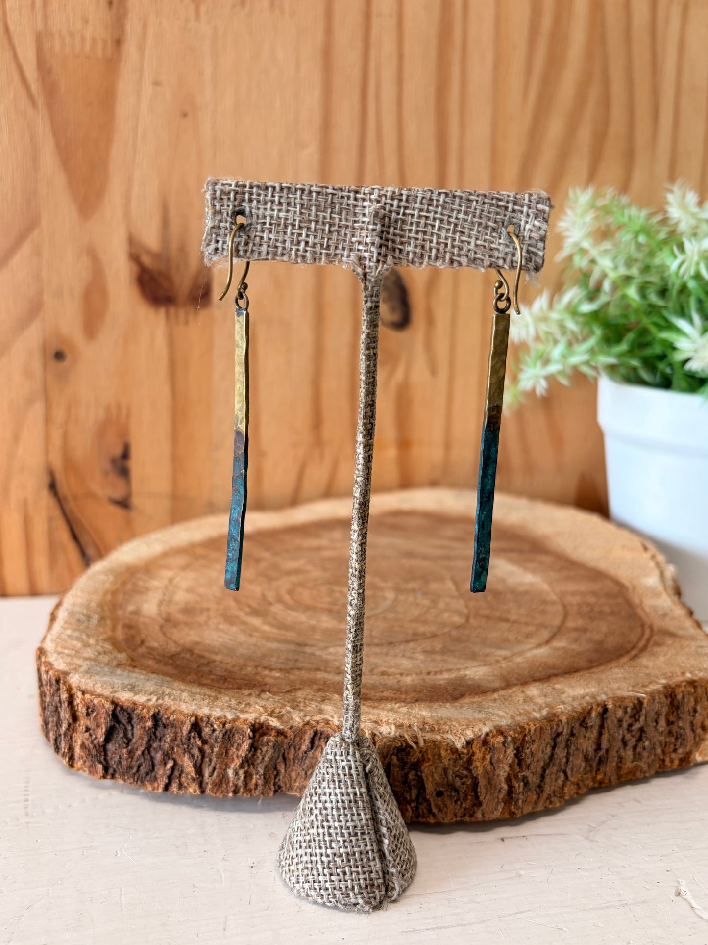 Hammered Verdigris Patina Tip Rod Earrings