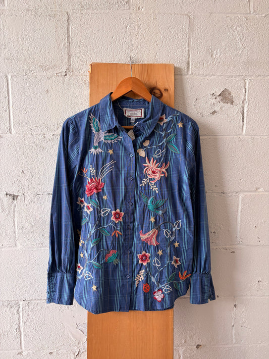 Johnny Was Floral Bird Embroidered Button Down : M