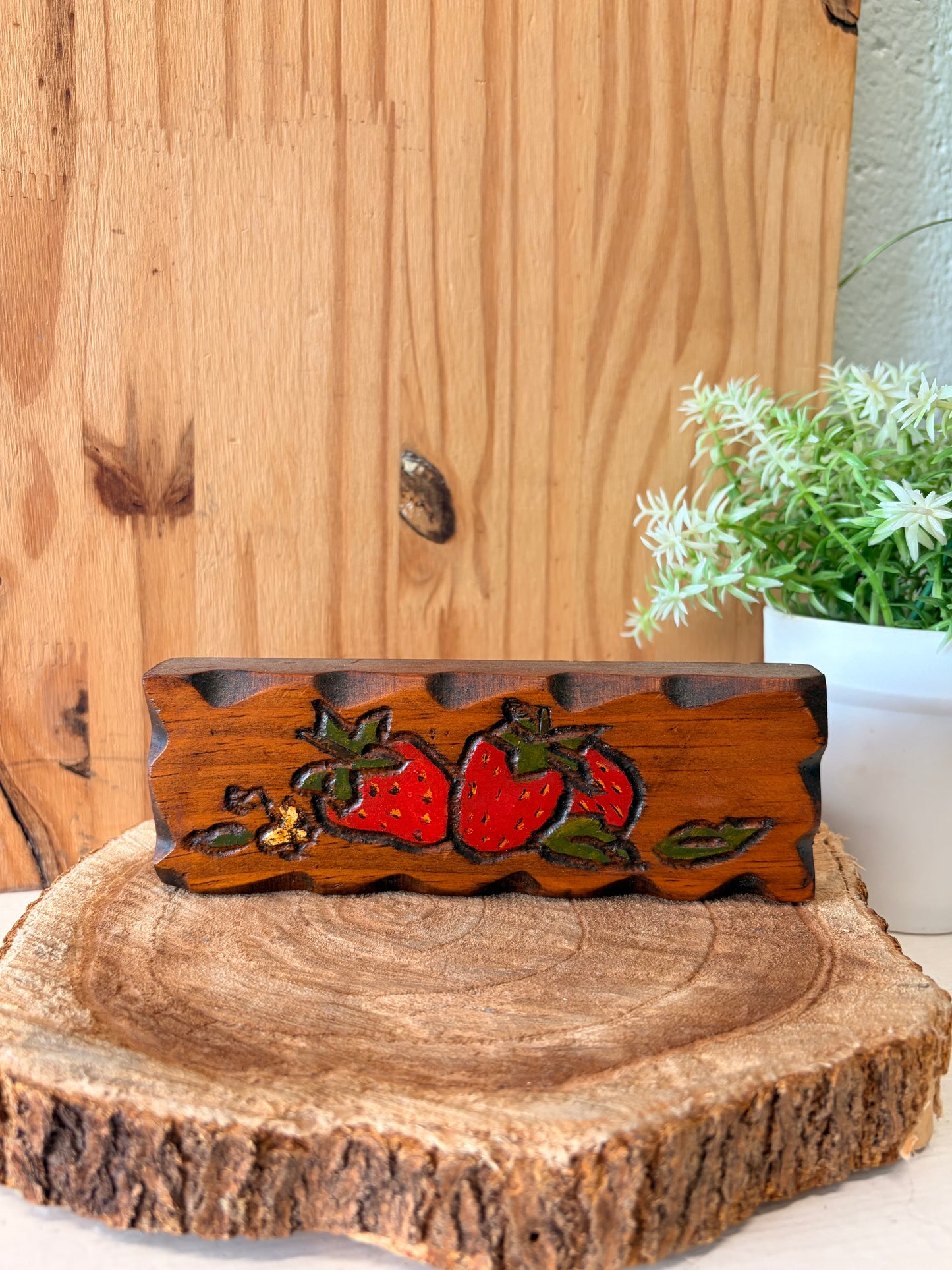 Vtg Little Wooden Strawberry Plaque