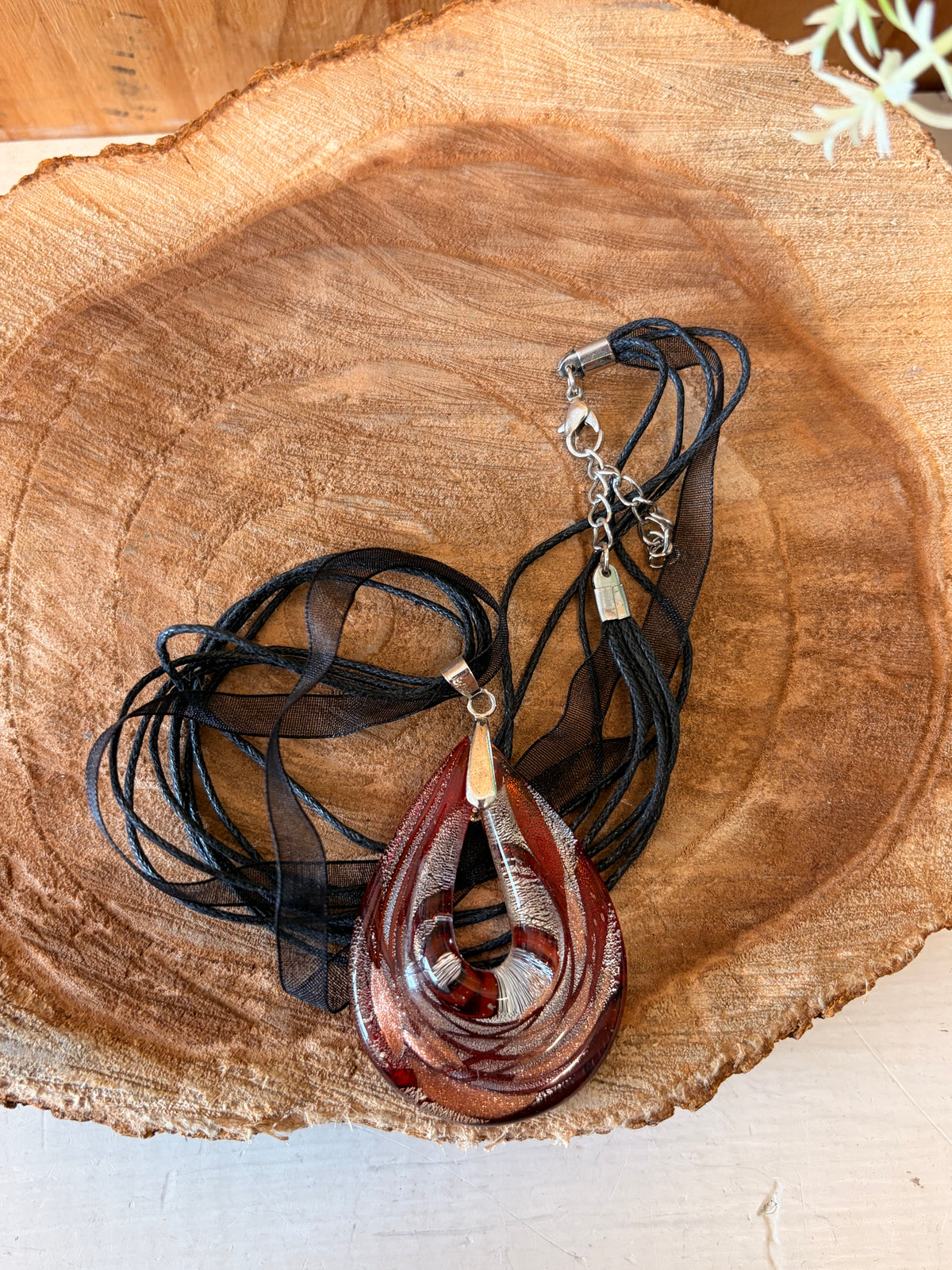 Red & Silver Glass Teardrop Pendant Necklace