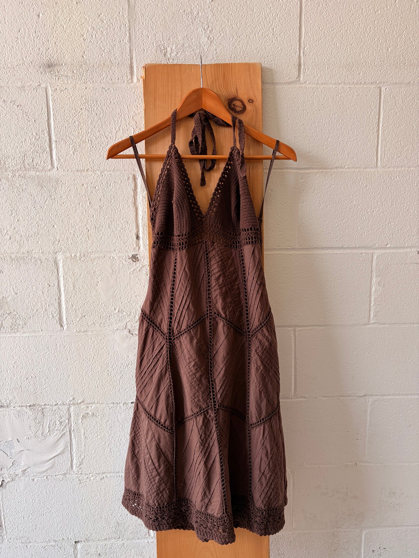 Brown Crochet Detailed Halter Dress : S