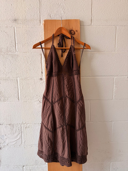 Brown Crochet Detailed Halter Dress : S