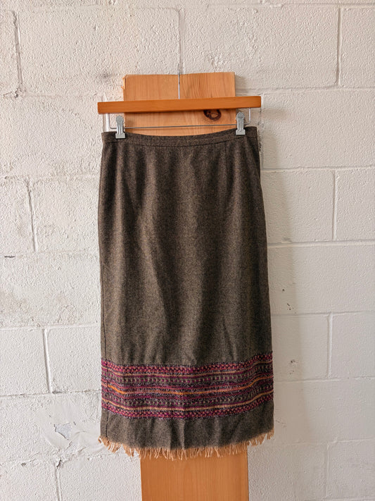Vtg Brown Embroidered Fringe Skirt : 32”W