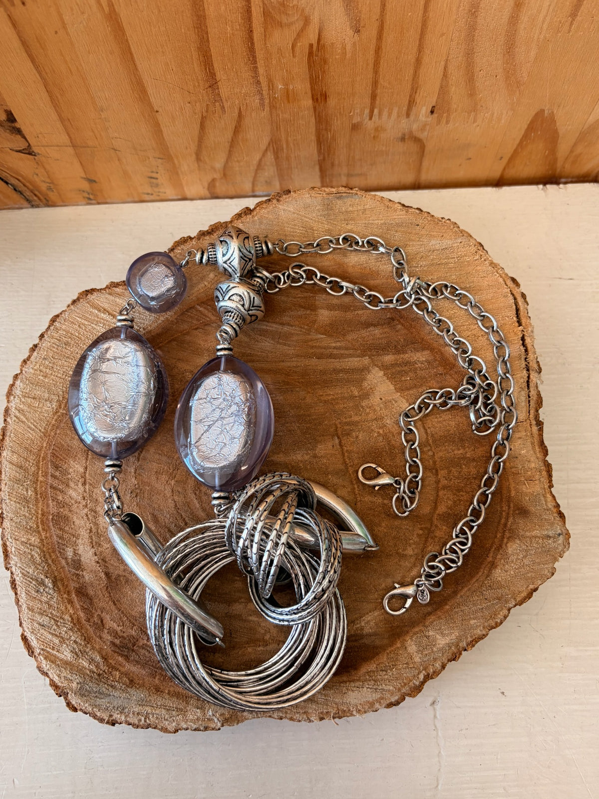 Gray and Silver Tone Long Statement Necklace