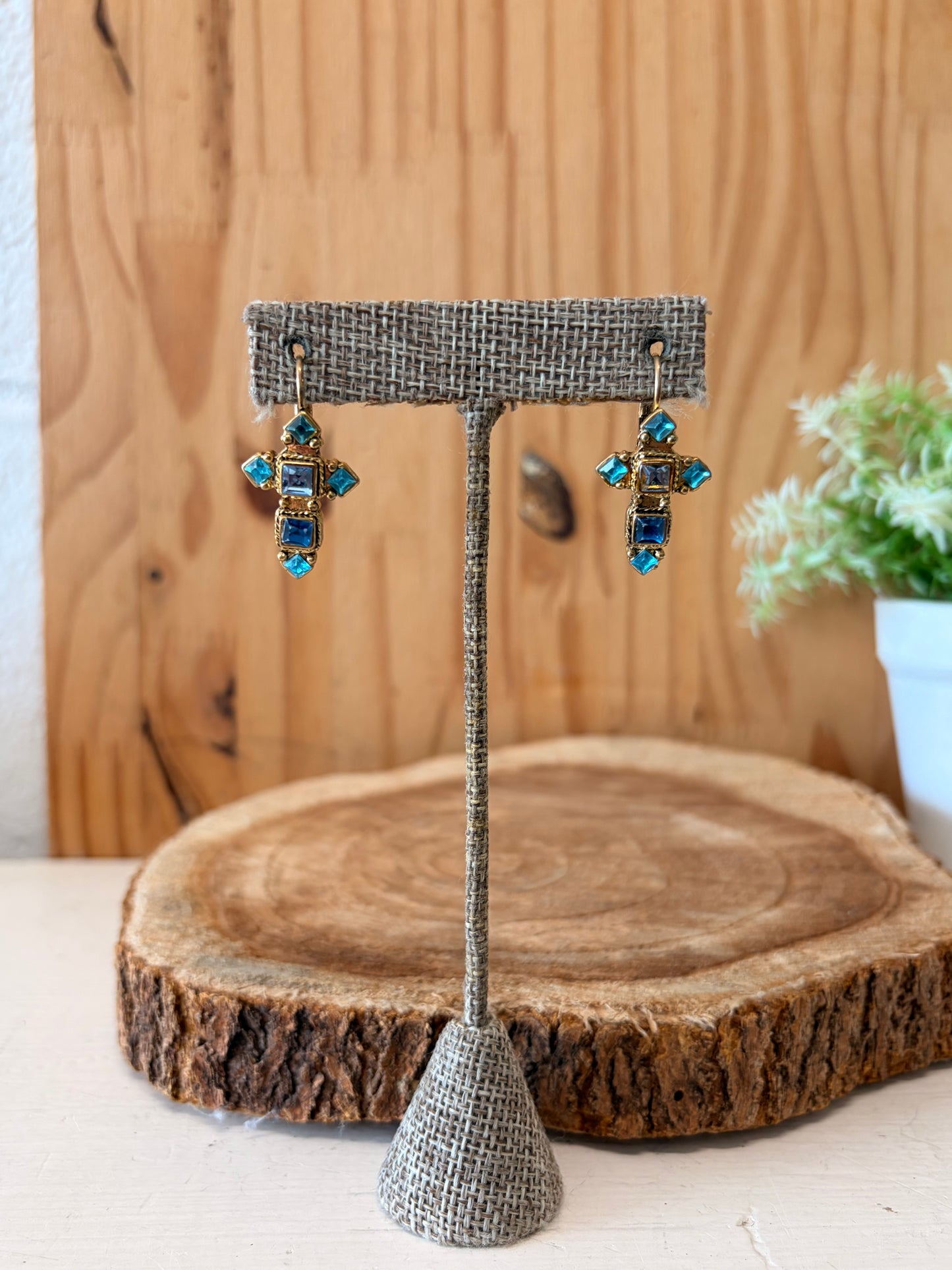 Blue Beaded Cross Earrings