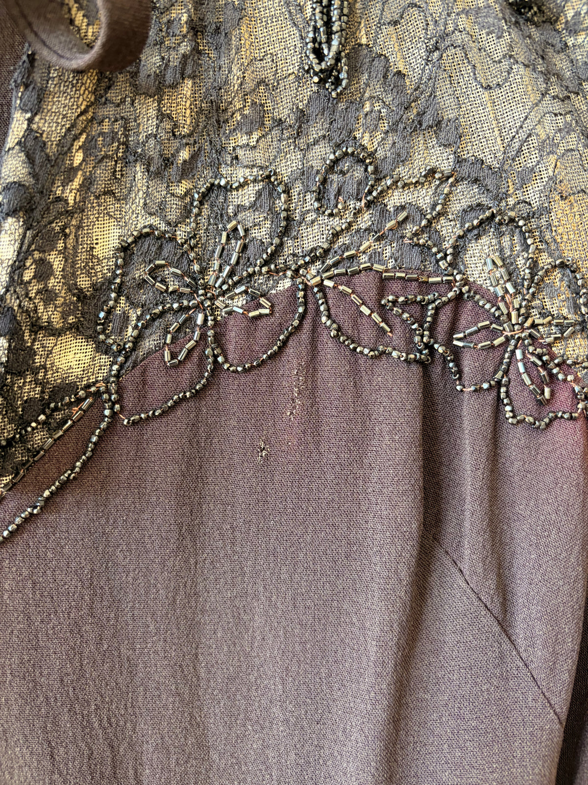 Vtg Beaded Brown & Black Lace Dress : S/M (As Is)