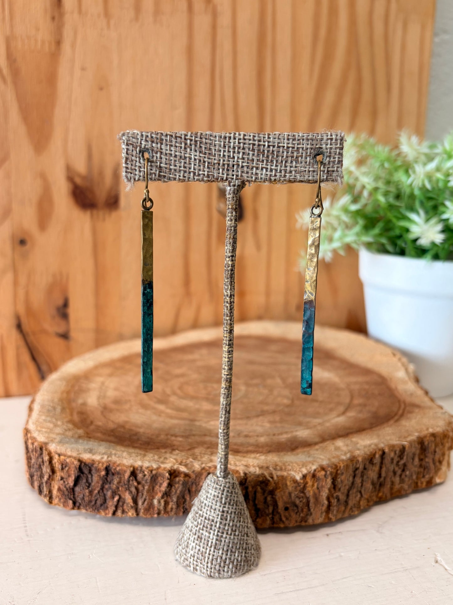 Hammered Verdigris Patina Tip Rod Earrings