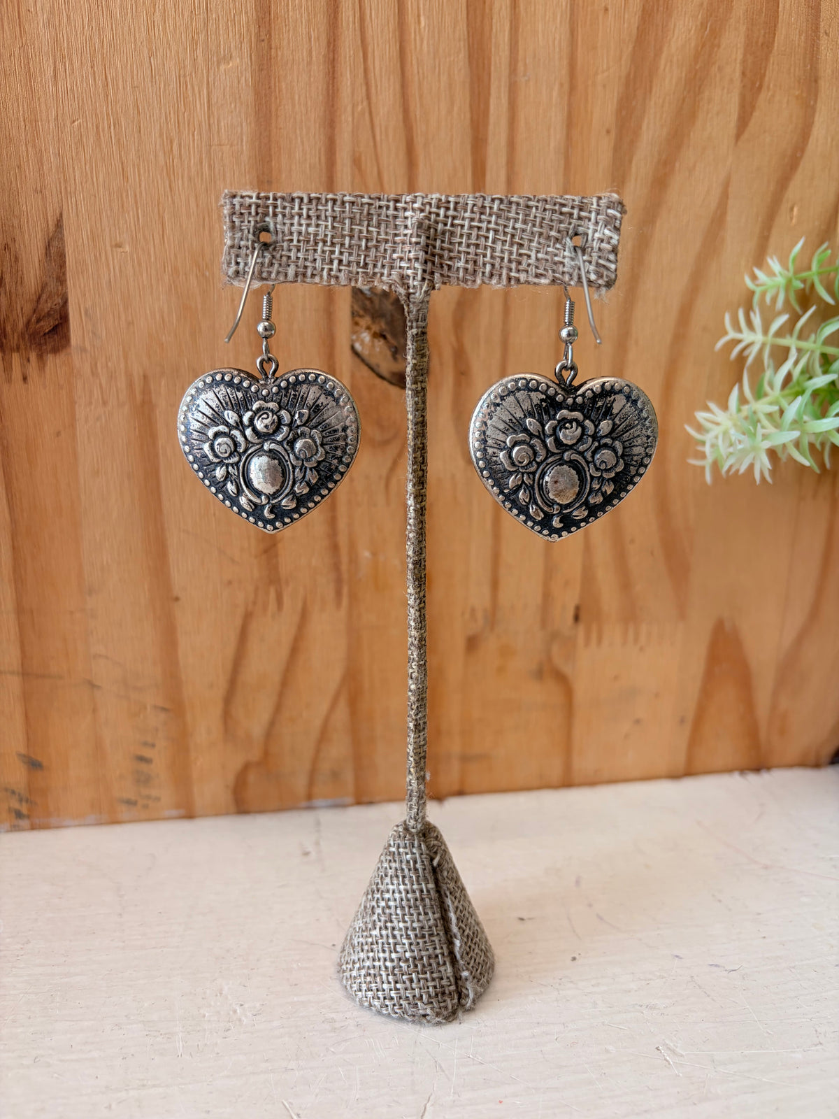 Silver Tone Rose Heart Earrings