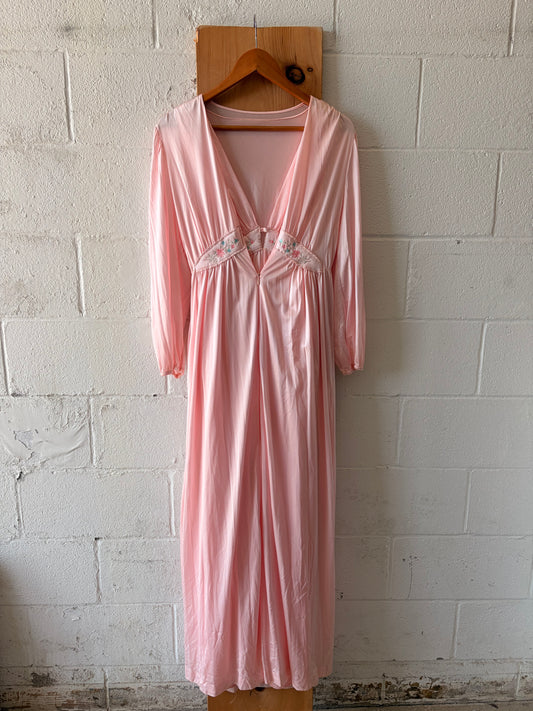 Vtg Lorraine Floral Pink Nightgown & Robe Set : M