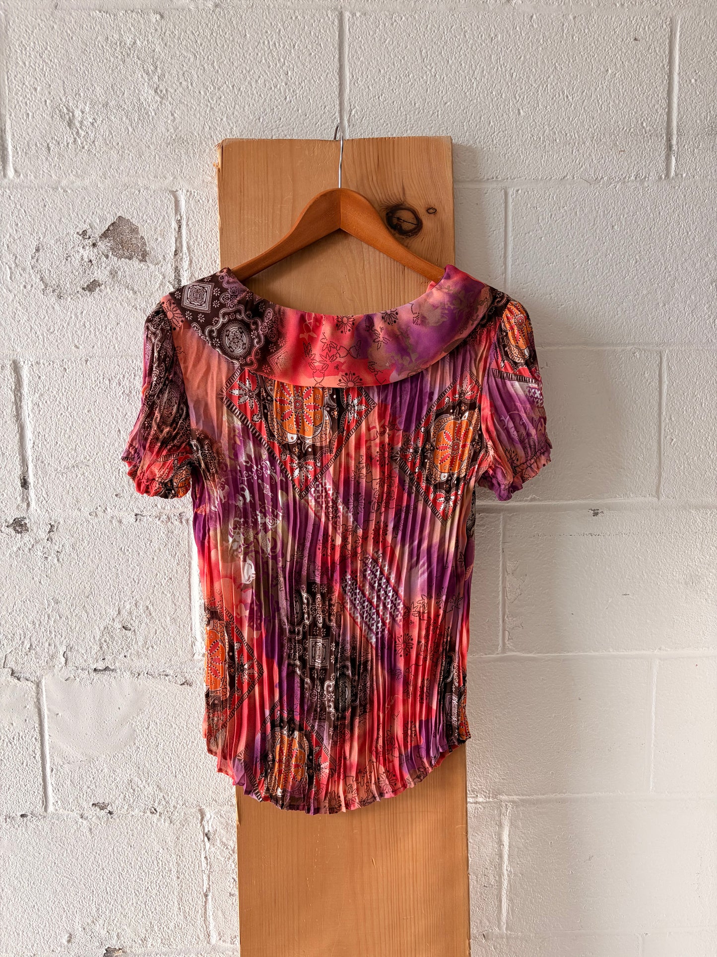 Pink & Brown Pleated Paisley Blouse : M