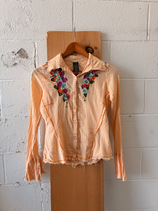Floral Embroidered Orange Button Up : S