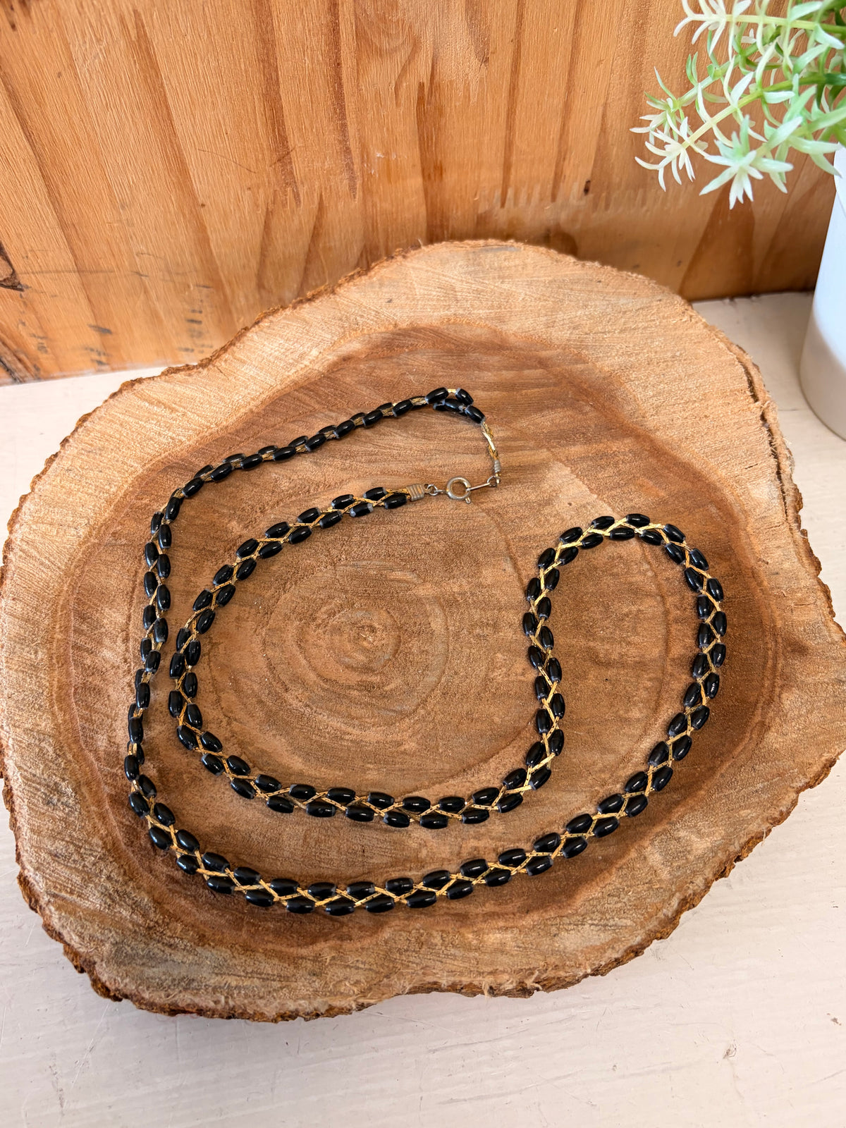 Vtg Braided Gold Tone Black Beaded Necklace