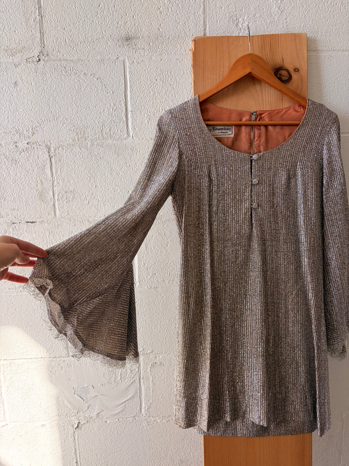 Vtg Young Edwardian Metallic Bell Sleeve Dress : S