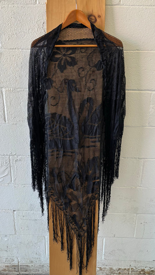 Black Fringed Lace Shawl : OS