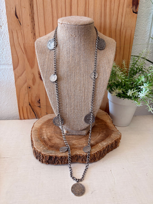 Vtg Silver Tone Coin Medallion Necklace