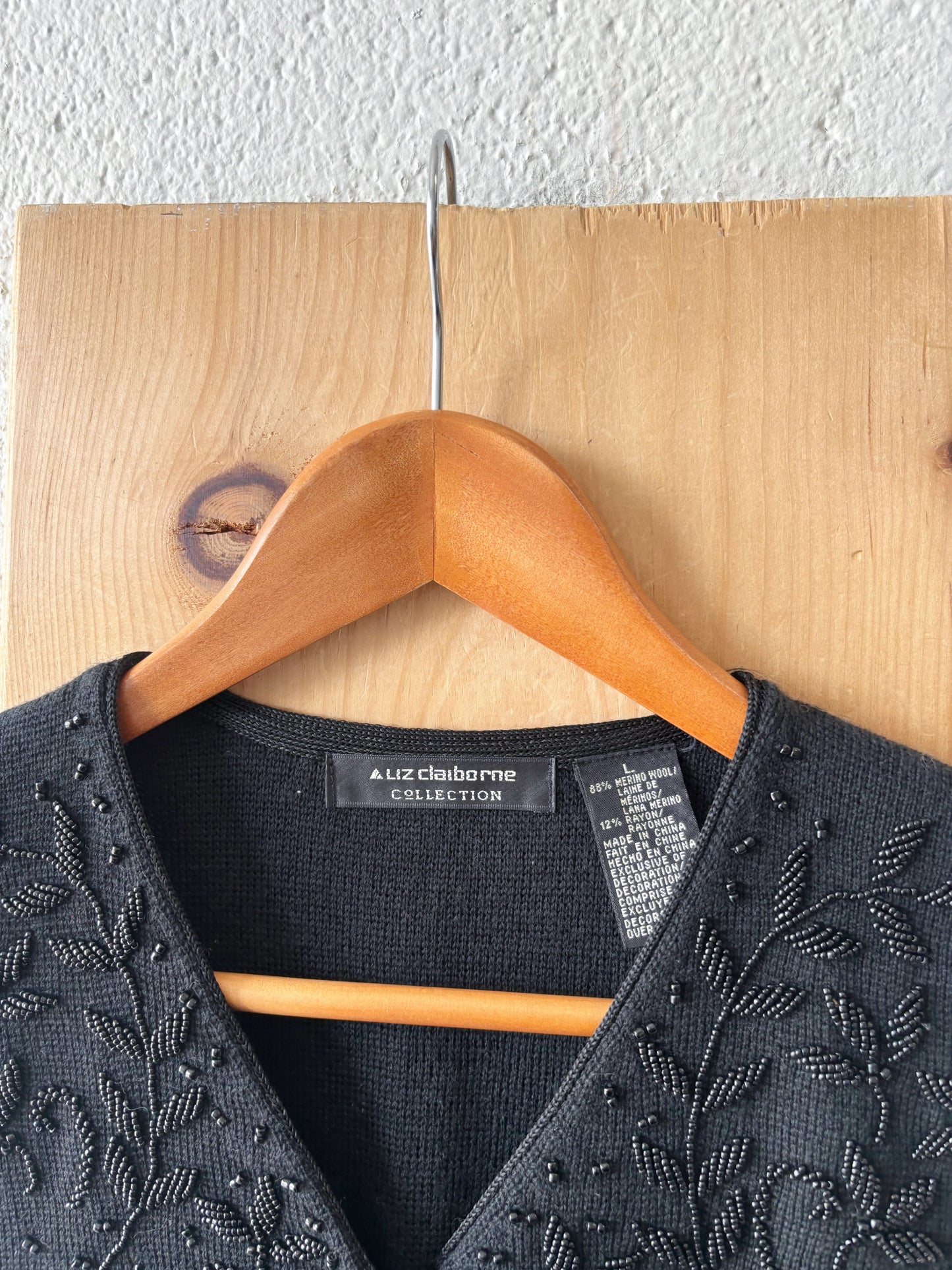 Black Beaded Wool Blend Sweater Vest : L