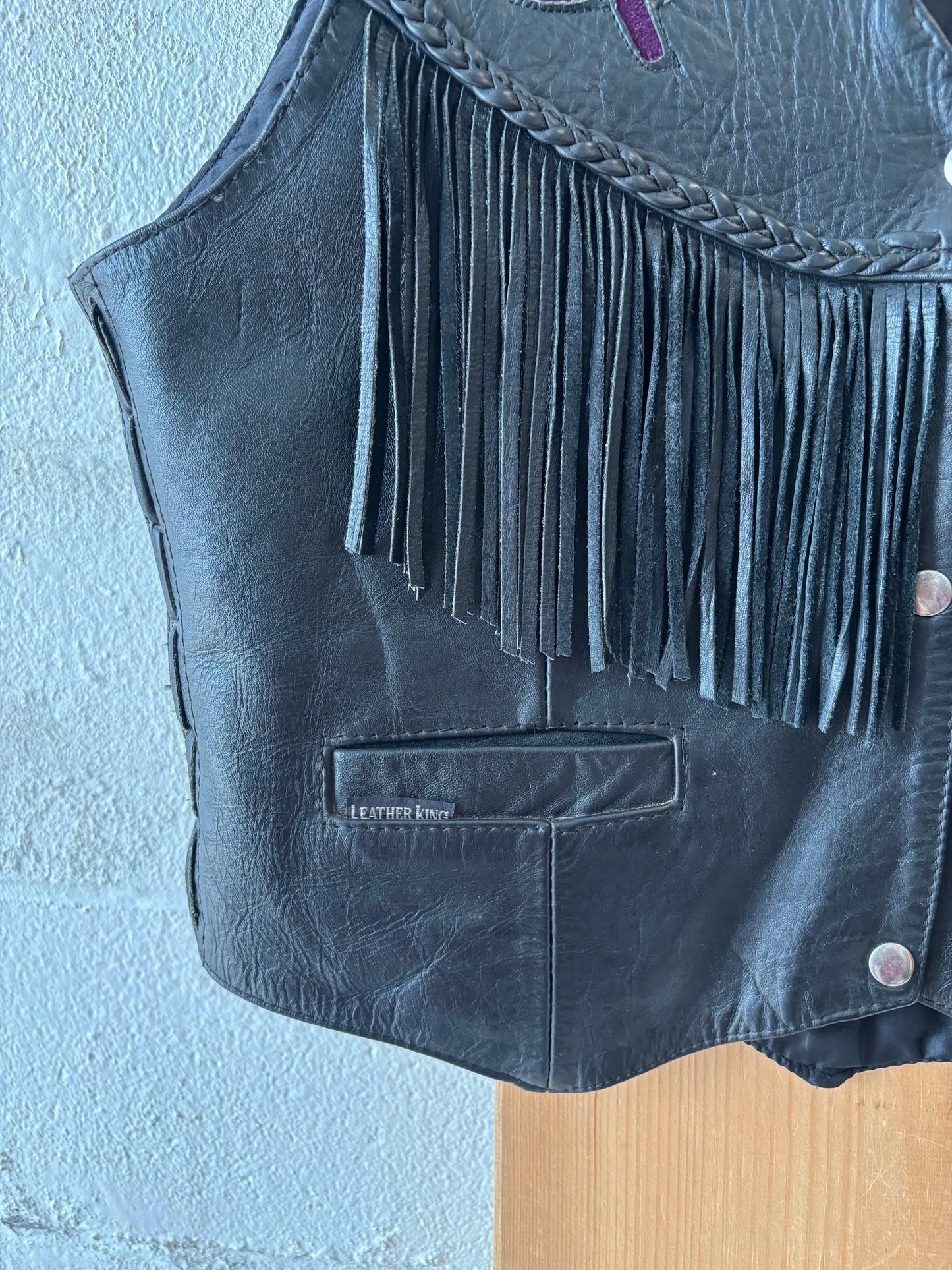 Vtg Fringed Leather Vest : XXL