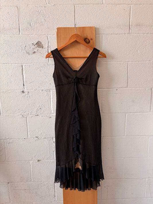 Vtg Black Ruffled Rosette Dress : S