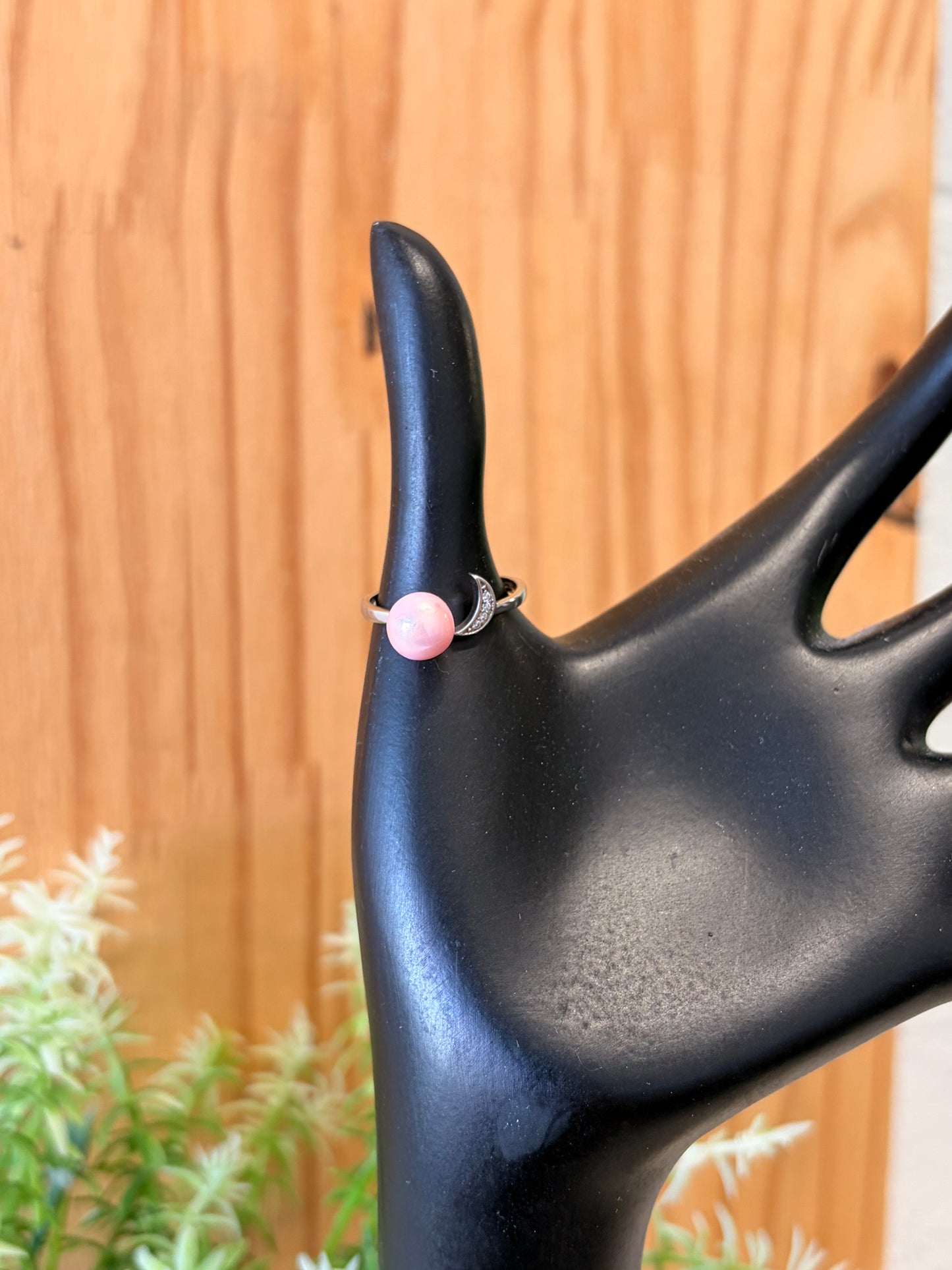 925 Pink Stone & Moon Ring : Size 6