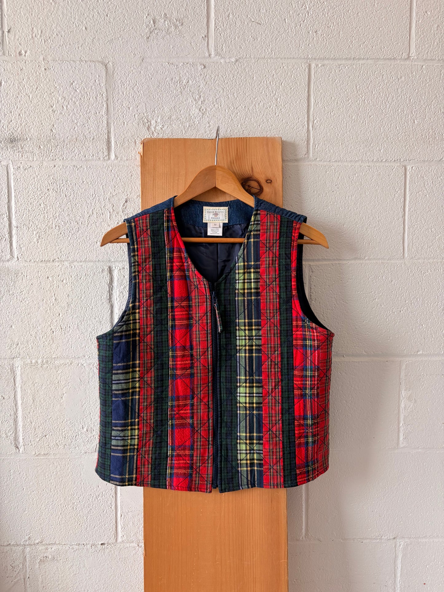 Vtg Plaid Patchwork Denim Vest : M