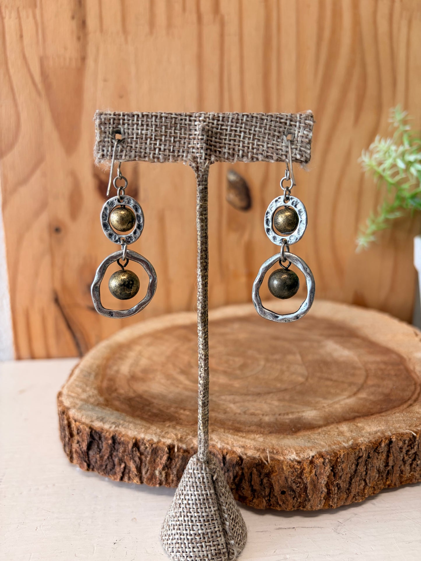 Two Tone Hammered Drop Earrings