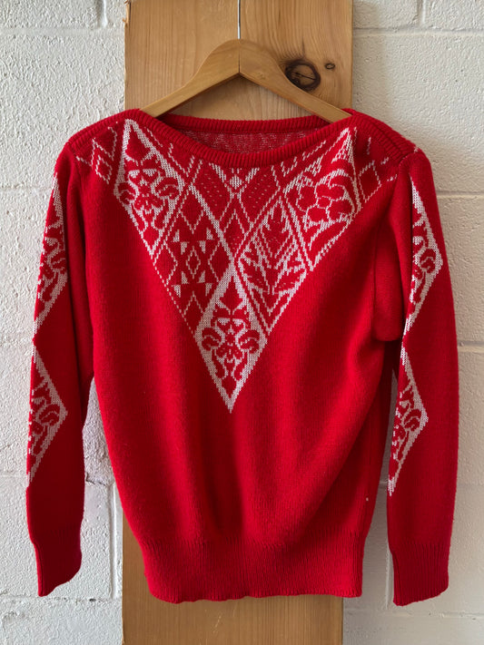 Vtg Red Patterned Sweater : S/M