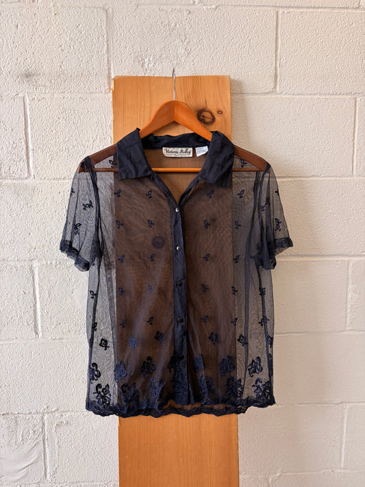 Sheer Floral Navy Button Up Blouse : 12