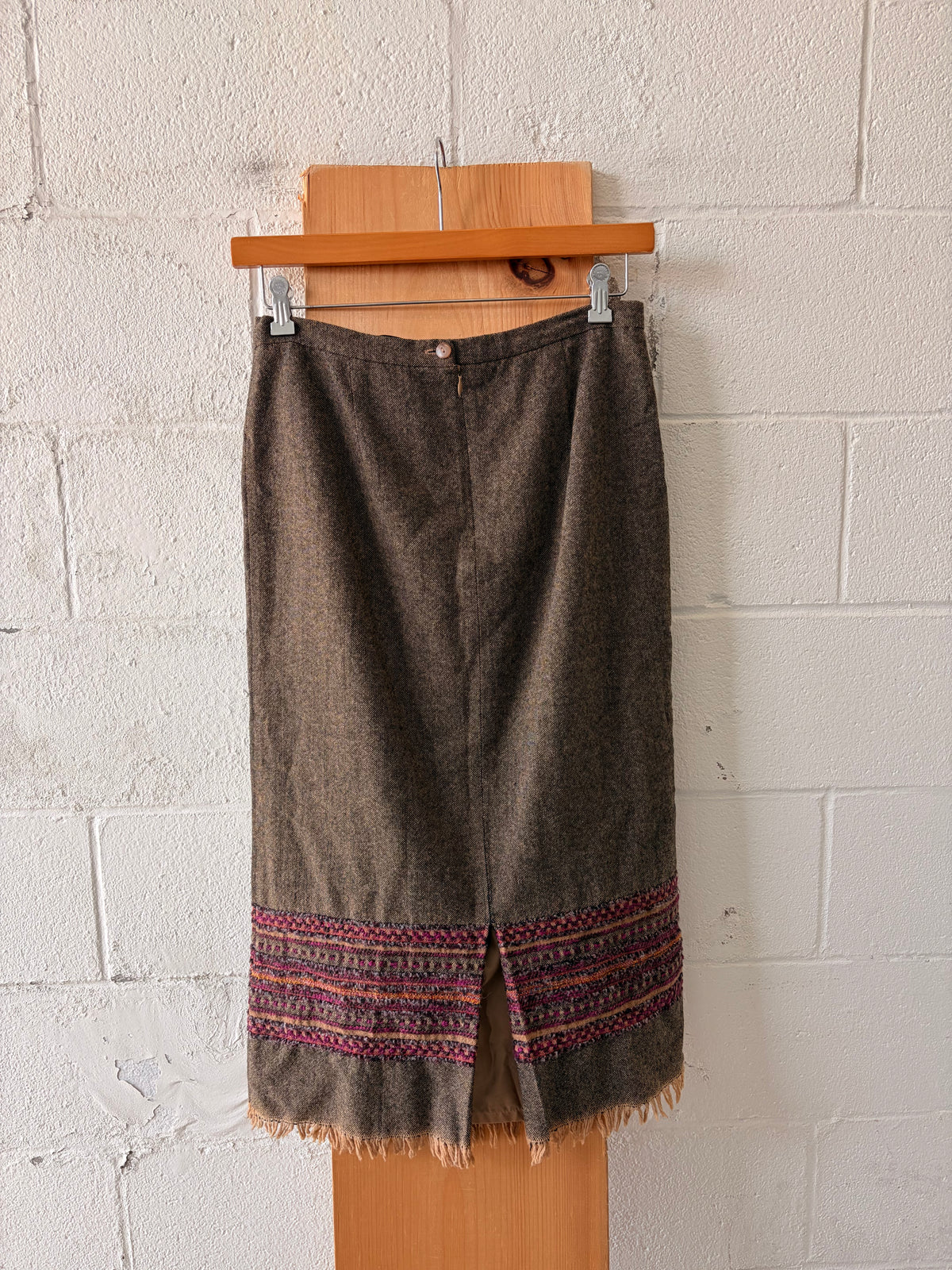 Vtg Brown Embroidered Fringe Skirt : 32”W