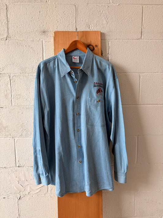 Vtg Arkansas Razorback Denim Button Up : XXL
