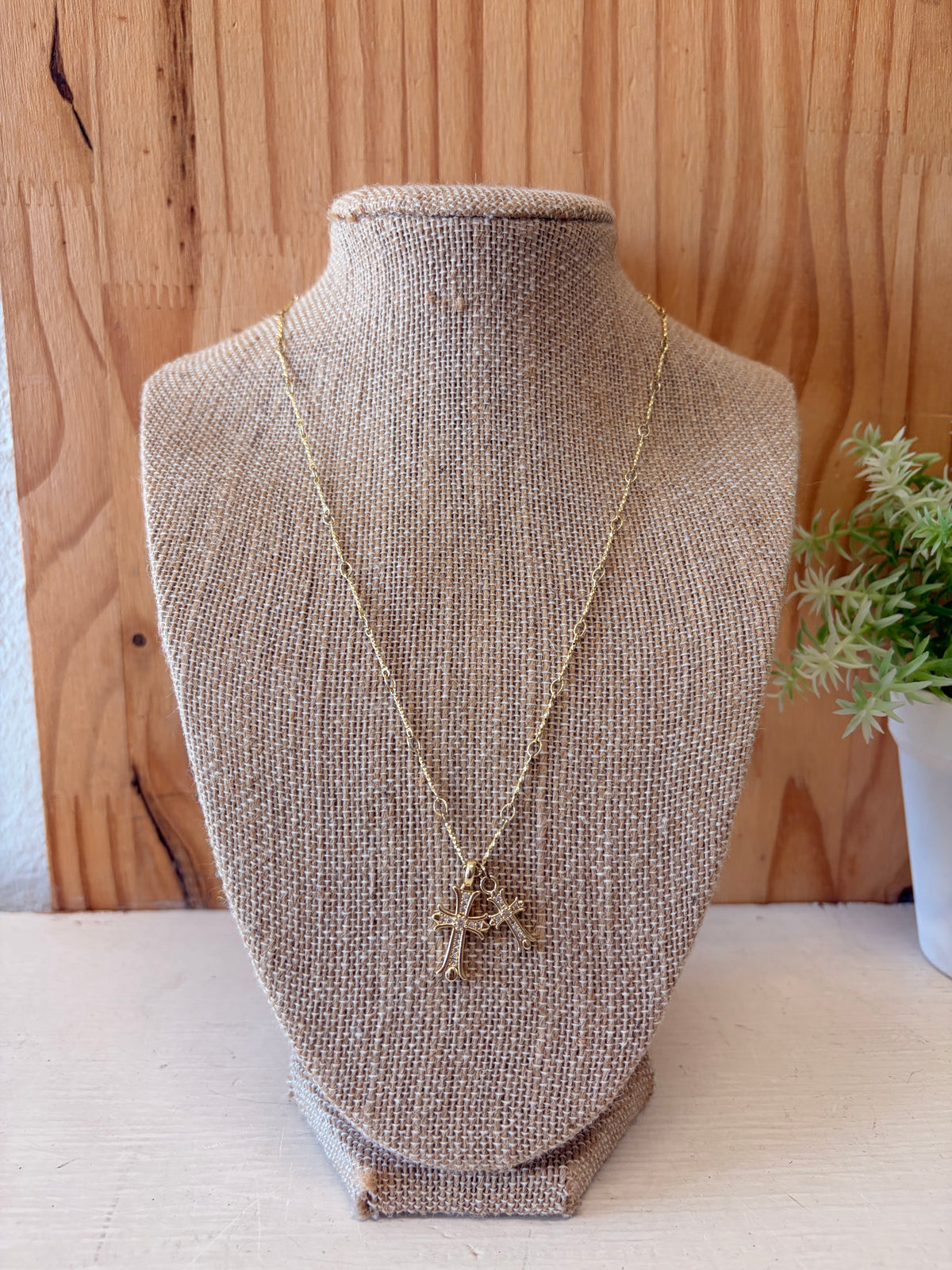 Gold Tone Dual Cross Necklace
