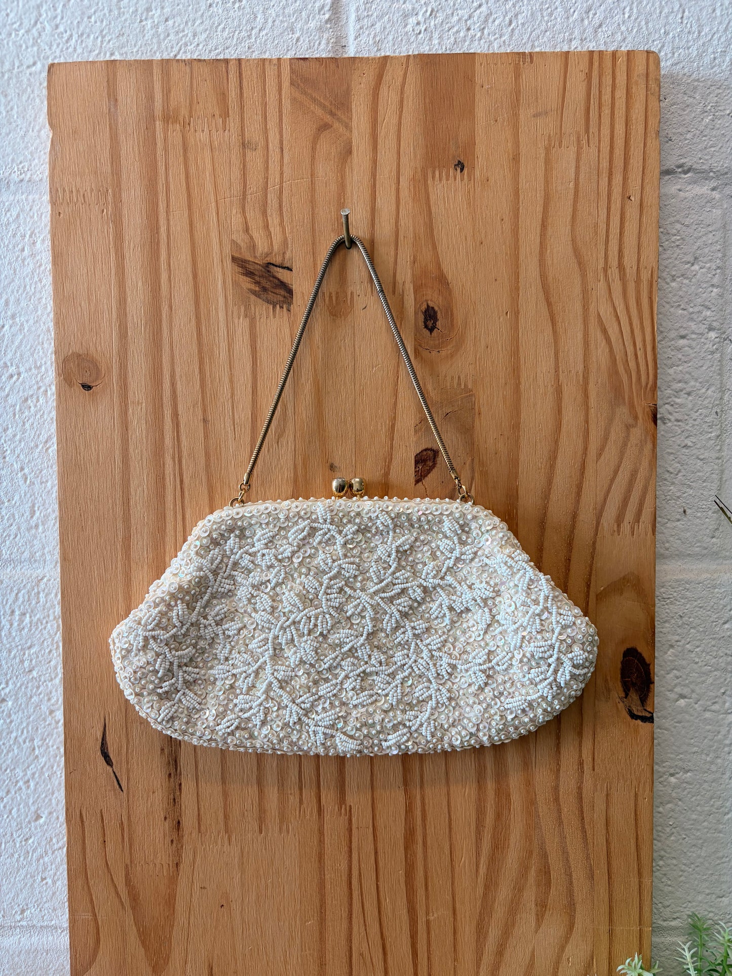 Vtg Little White Beaded Purse