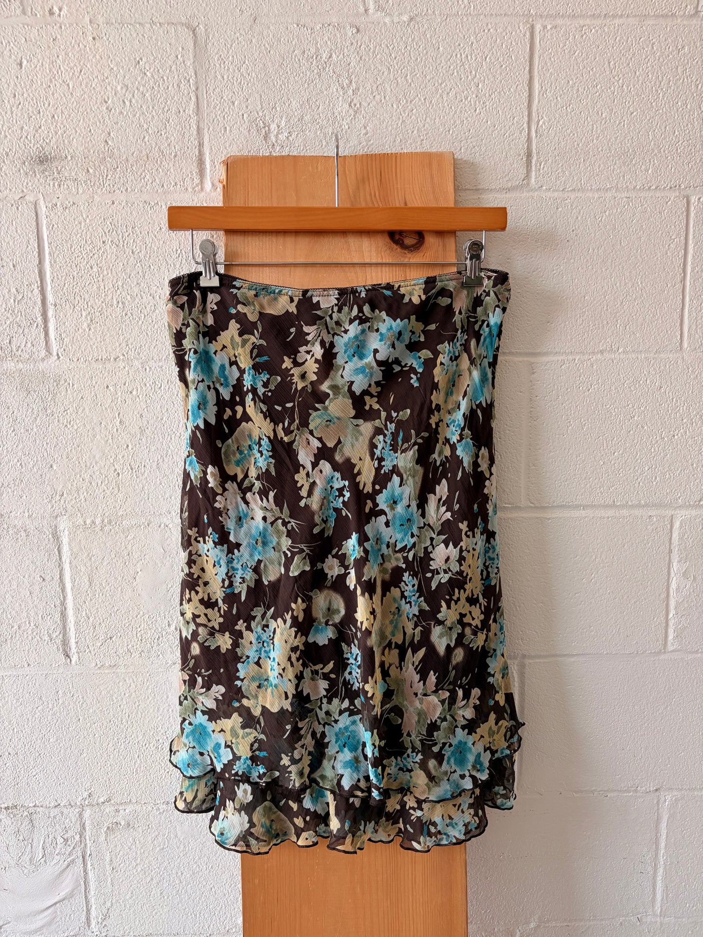 Brown & Blue Floral Midi Skirt : L