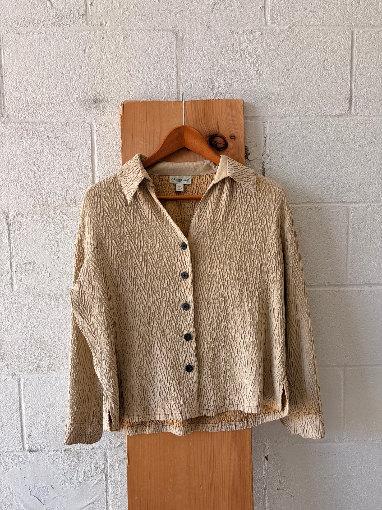 Tan Crinkle Button Up Blouse : PS